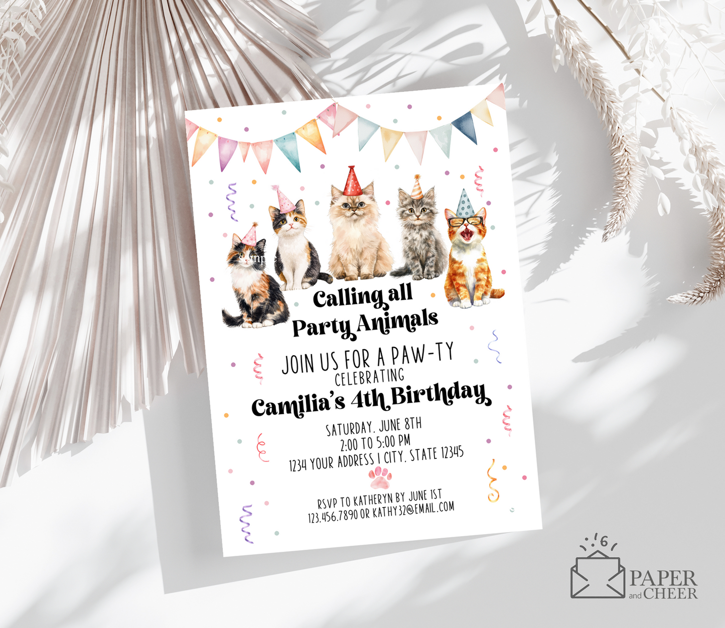 Calling All Party Animals Cat Birthday Invitation (Any age)