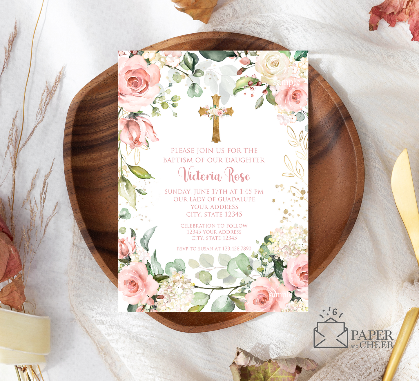 Pink Floral Baptism Invitations