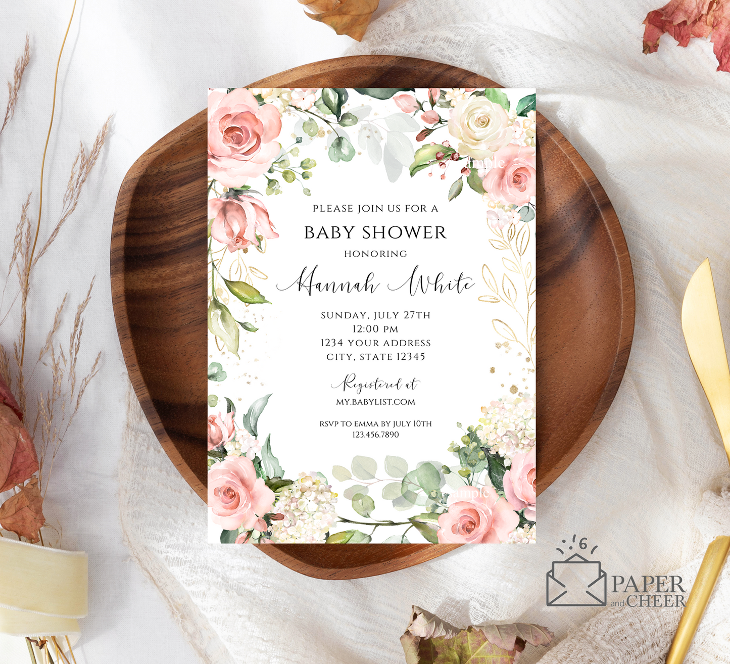 Blush Pink Floral Eucalyptus Baby Shower Invitation