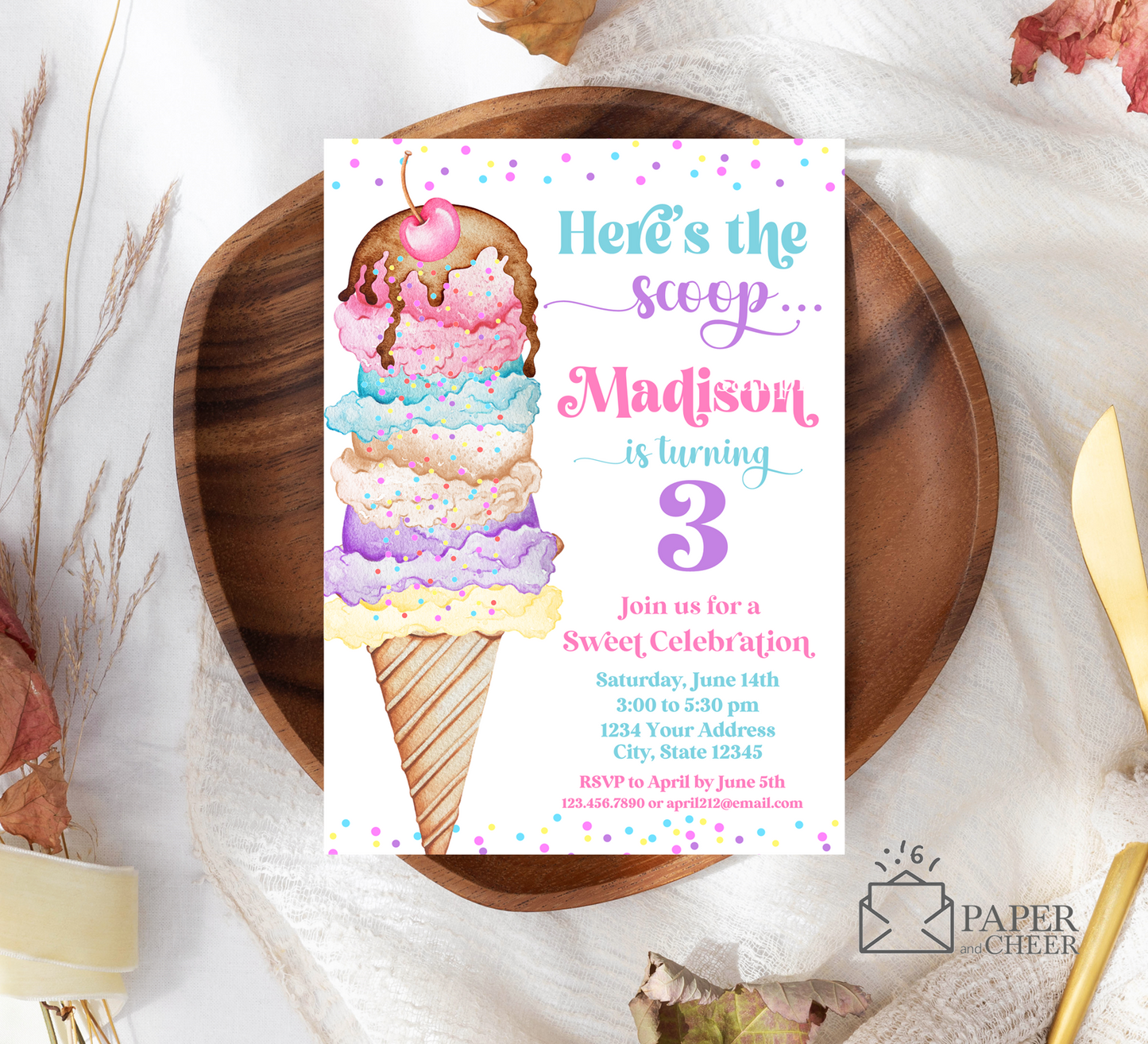 Here's the Scoop Ice Cream Birthday Invitation (Any age)
