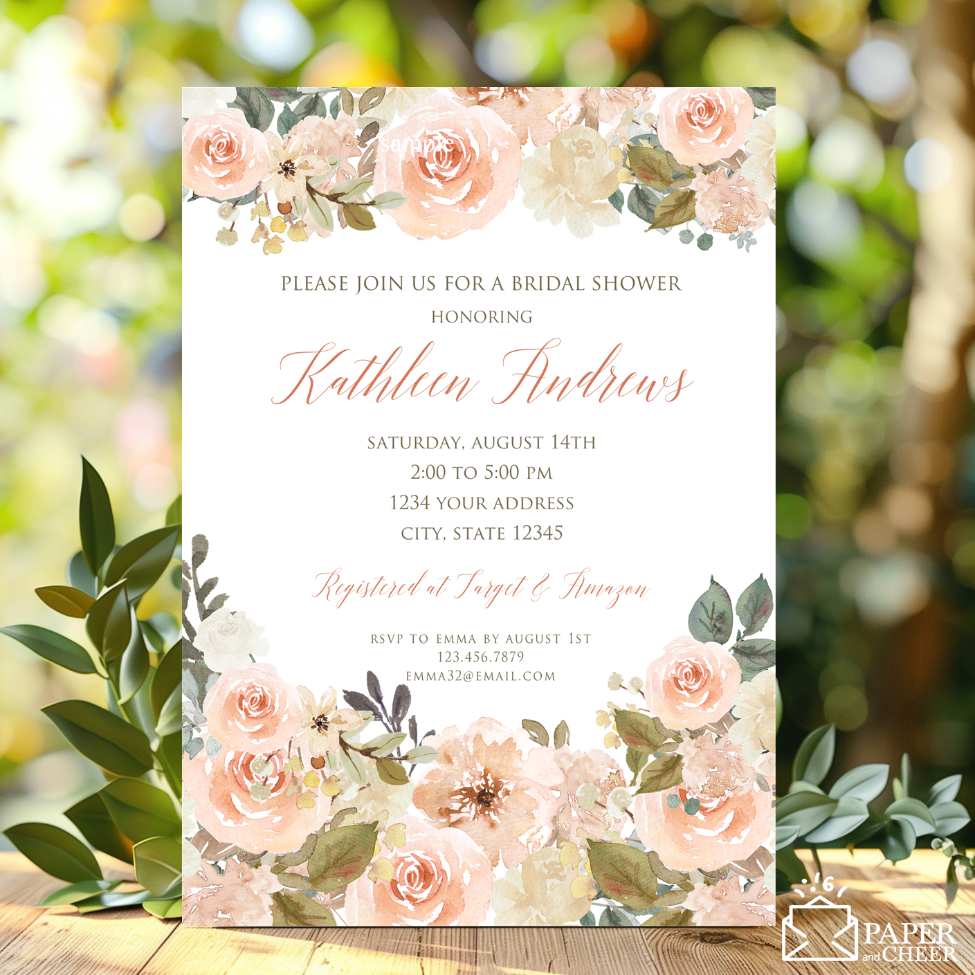 Peach Sage Green Floral Bridal Shower Invitation