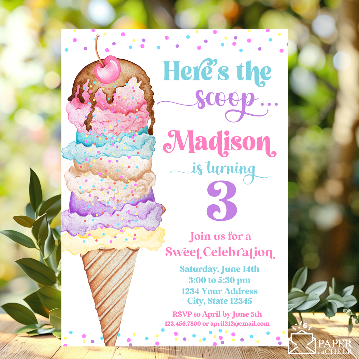 Here's the Scoop Ice Cream Birthday Invitation (Any age)