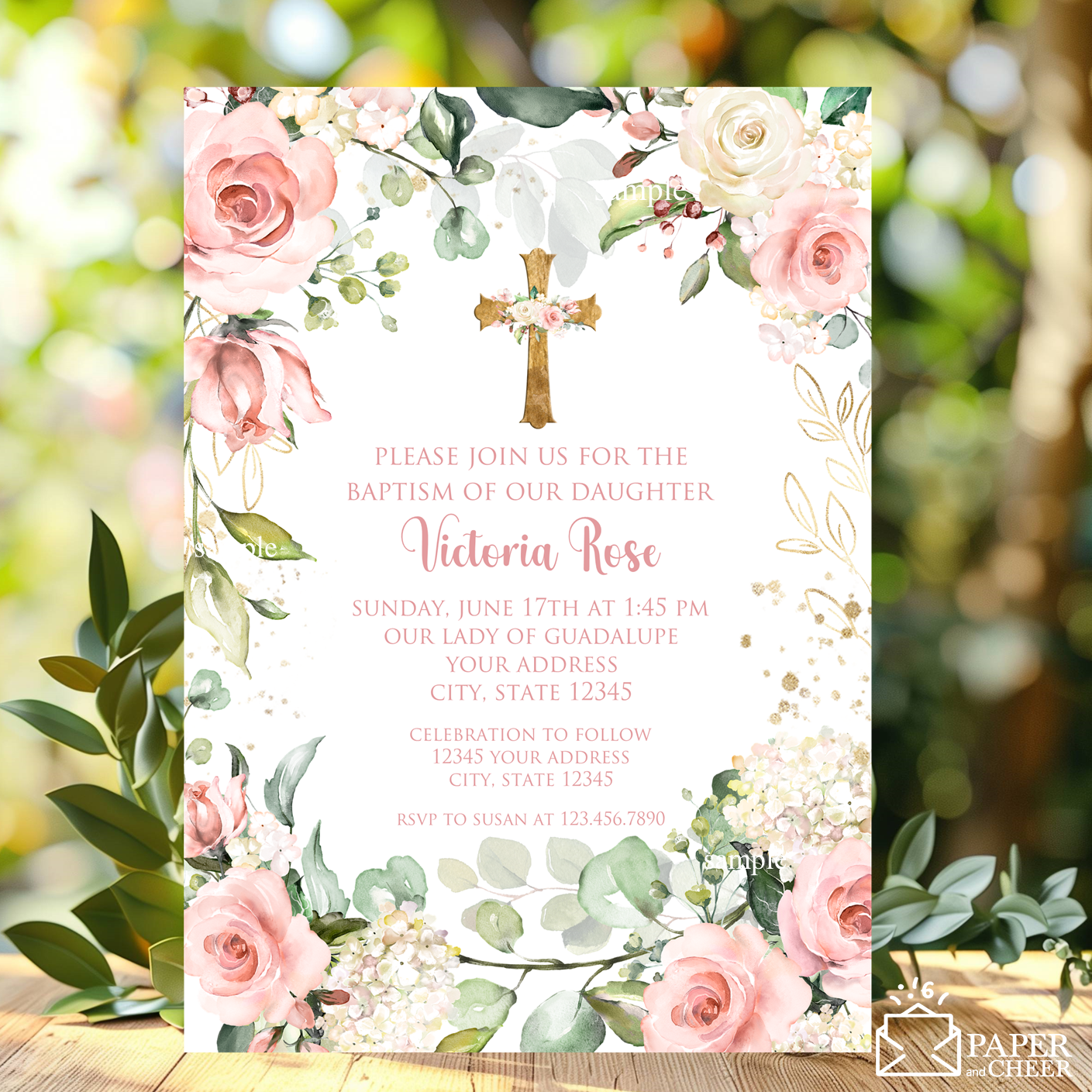 Pink Floral Baptism Invitations