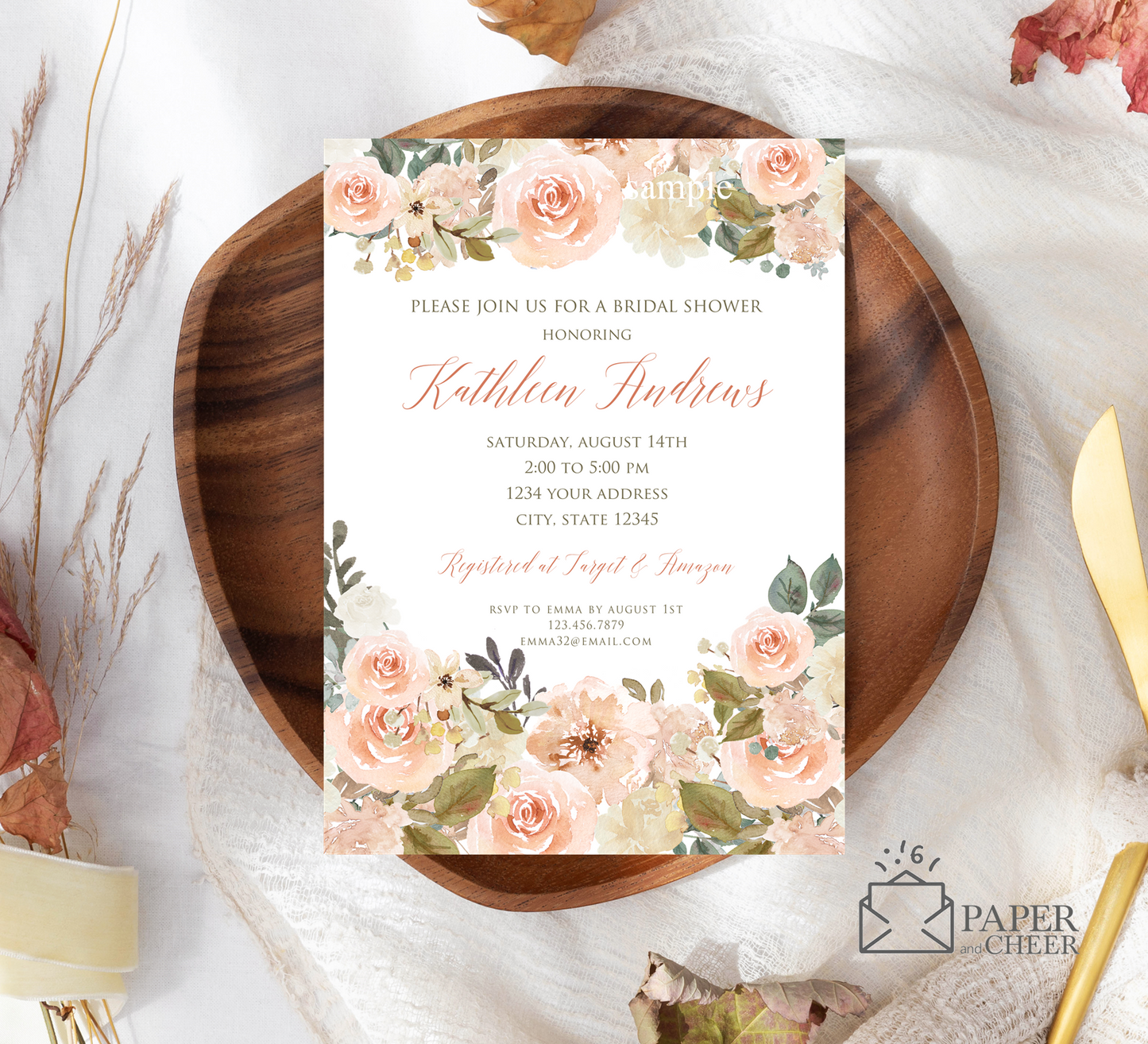 Peach Sage Green Floral Bridal Shower Invitation