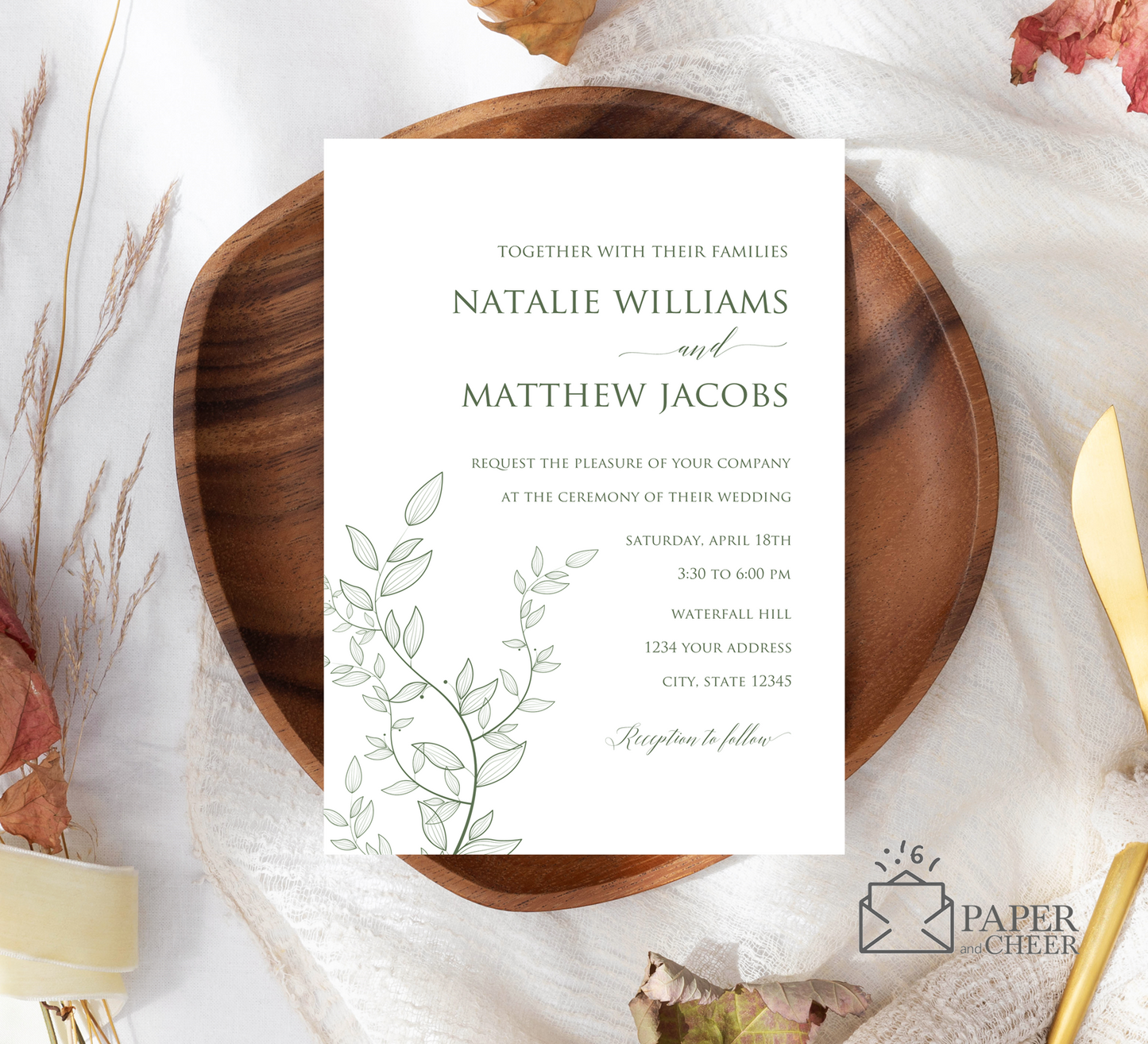 Sage Green Leaf Wedding Invitation