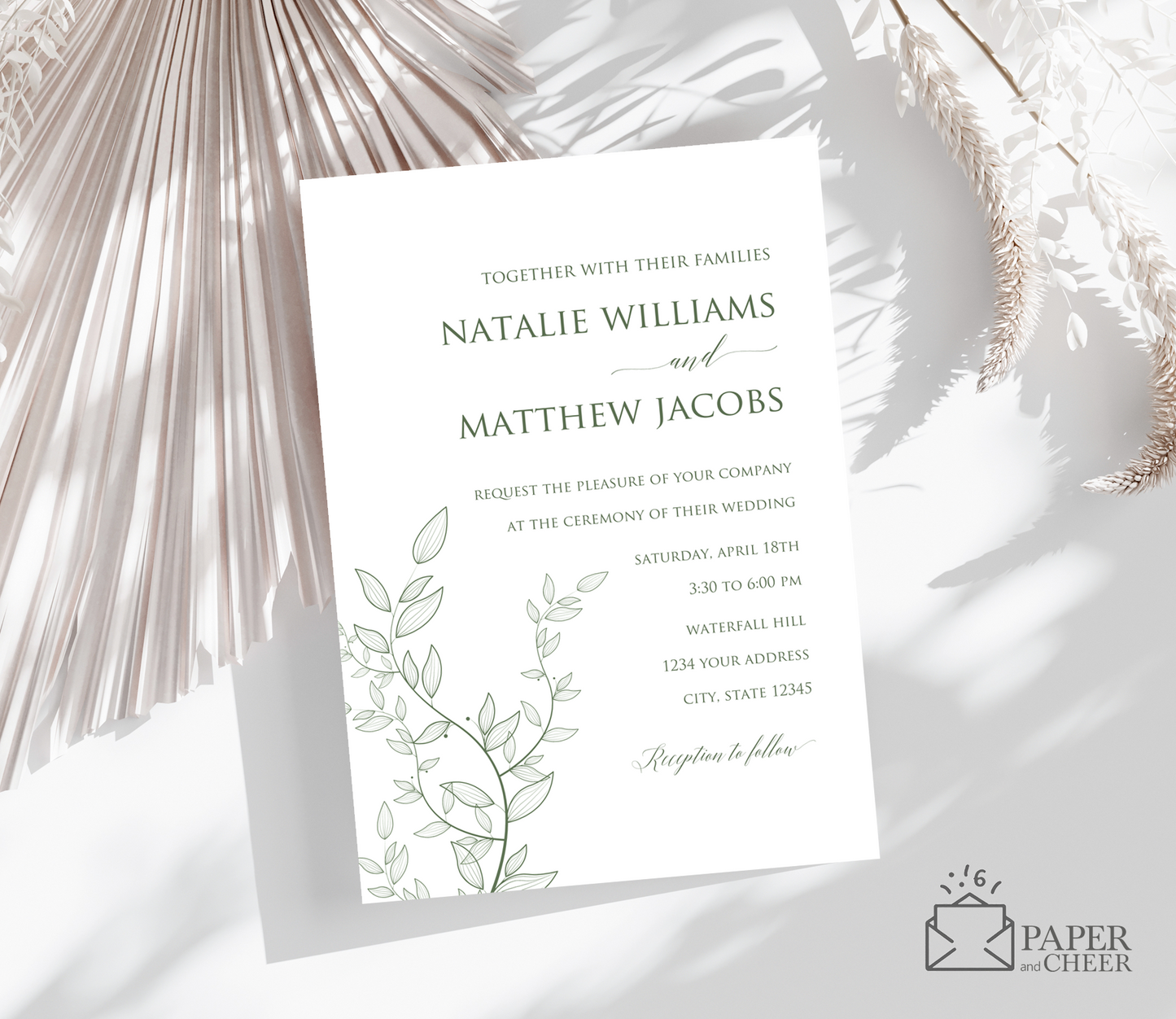 Sage Green Leaf Wedding Invitation