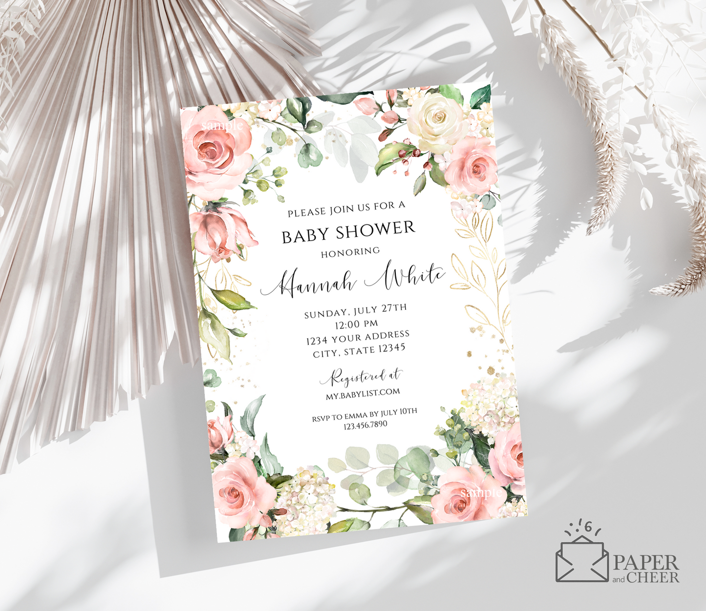 Blush Pink Floral Eucalyptus Baby Shower Invitation