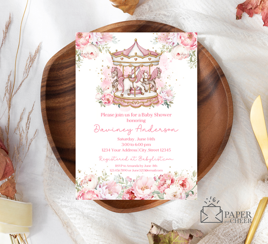 Pink Carousel Baby Shower Invitation