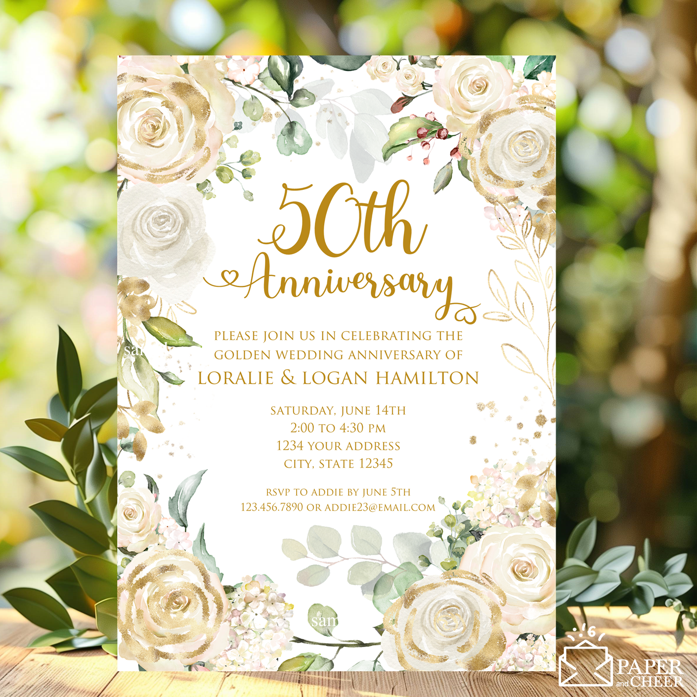 White Gold Floral 50th Wedding Anniversary Invitations