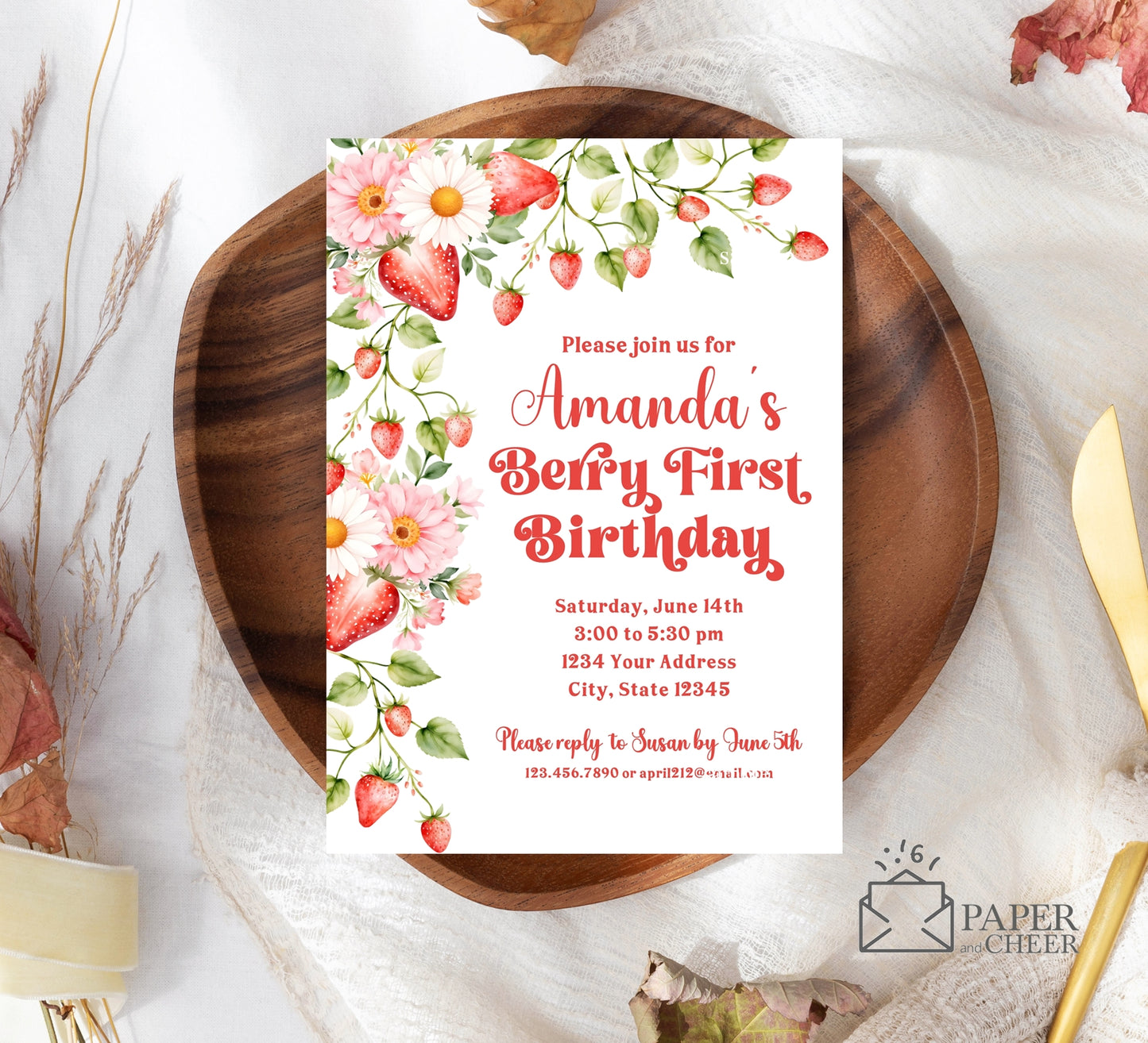 Strawberry Birthday Invitation (any age)
