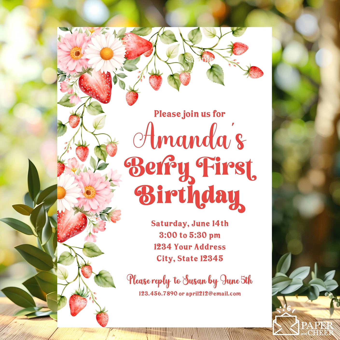 Strawberry Birthday Invitation (any age)