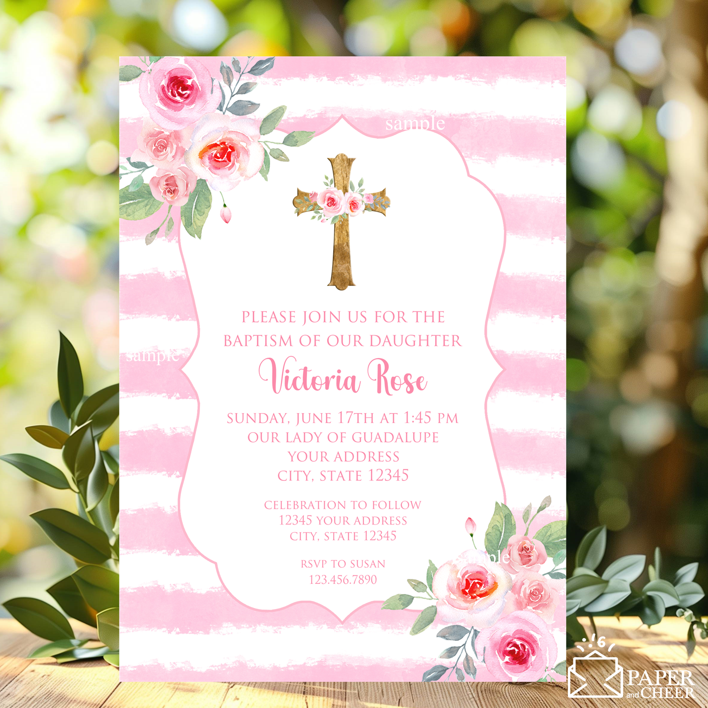 Pink Floral Baptism Invitations