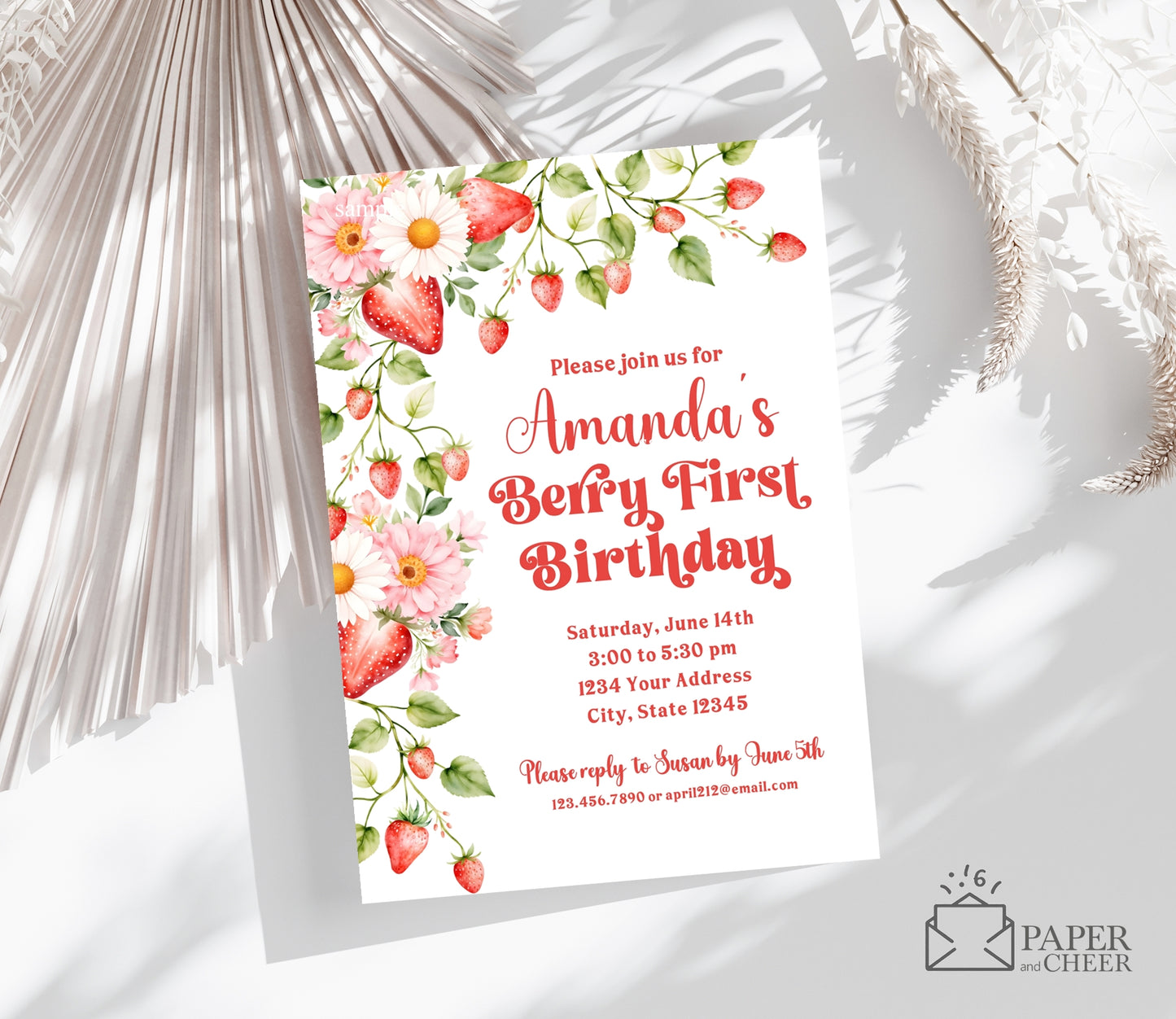 Strawberry Birthday Invitation (any age)