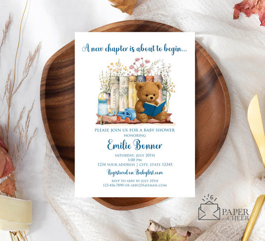 A New Chapter is About to Begin Baby Shower invitation (Blue Boy)