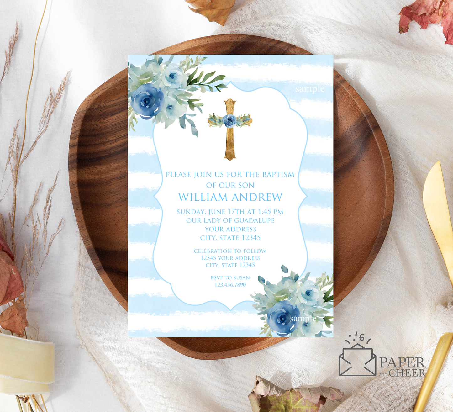 Blue Floral Baptism Invitations