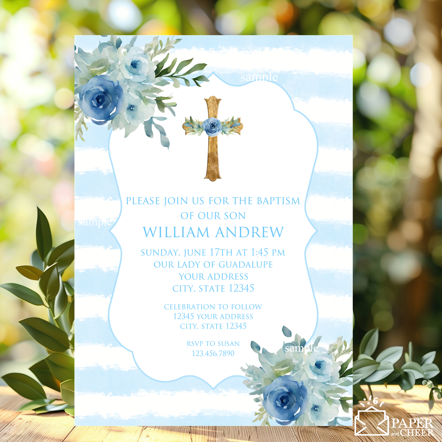 Blue Floral Baptism Invitations