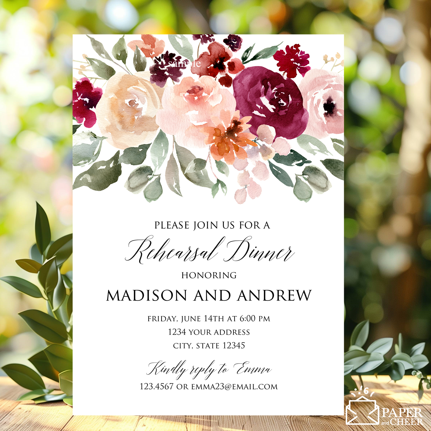 Pink Burgundy Floral Rehearsal Dinner Invitation