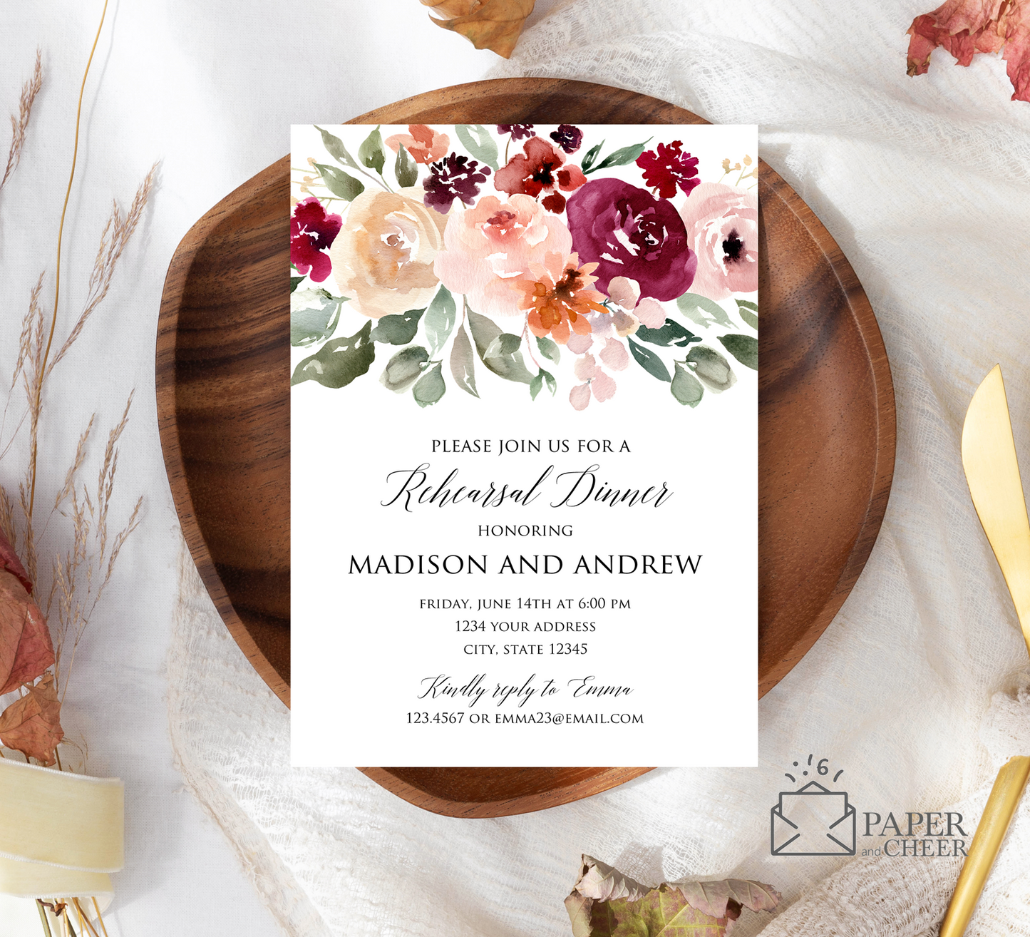 Pink Burgundy Floral Rehearsal Dinner Invitation