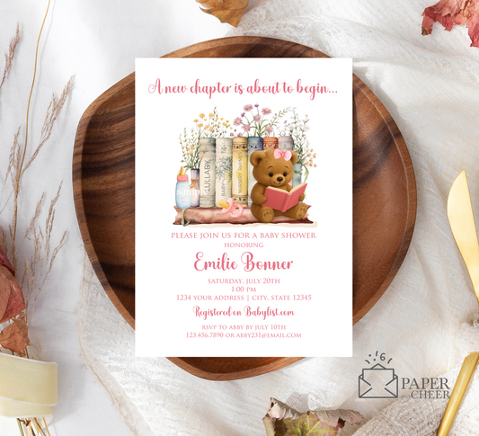 A New Chapter is About to Begin Baby Shower invitation (Pink Girl)