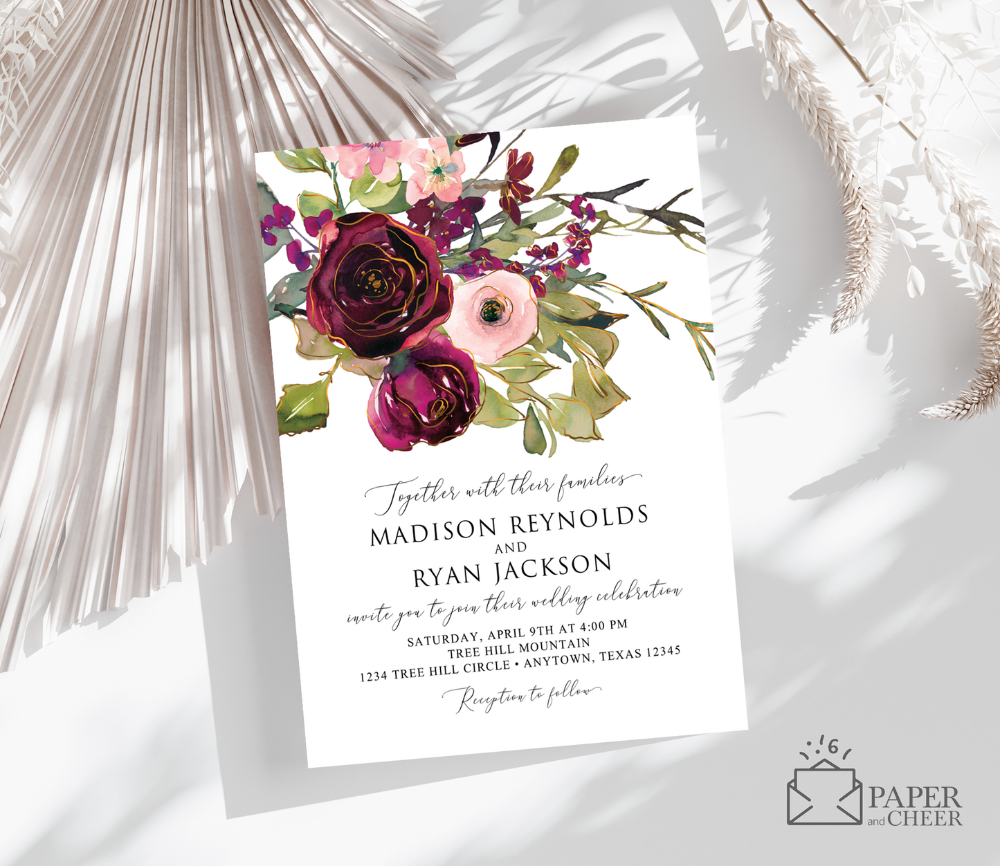 Burgundy and Pink Floral Wedding Invitation