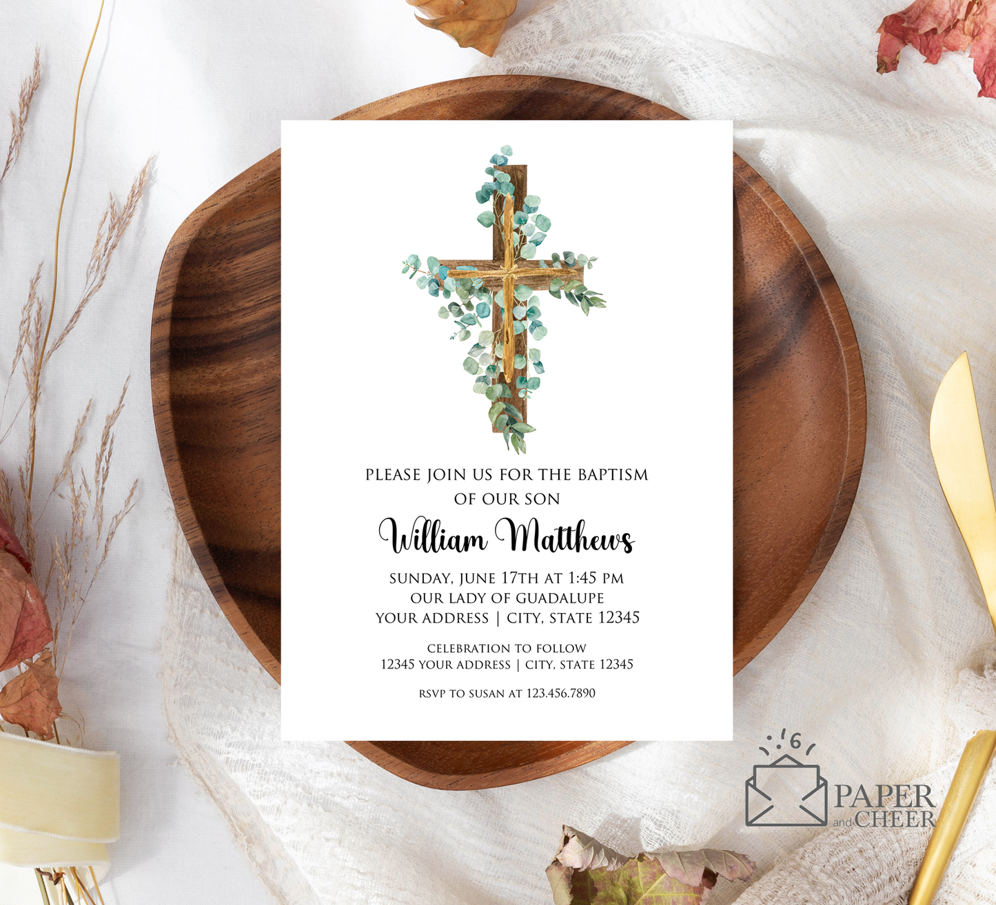 Greenery Cross Baptism Invitations