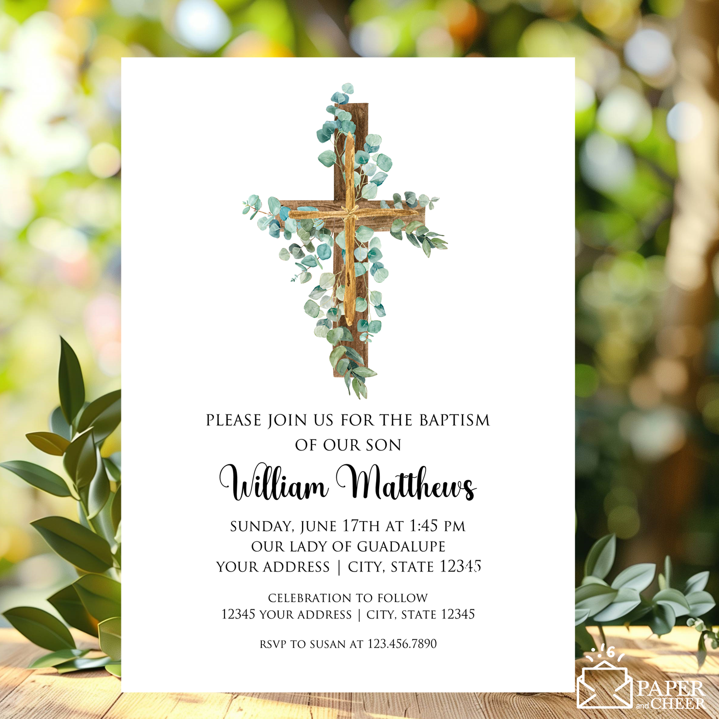 Greenery Cross Baptism Invitations
