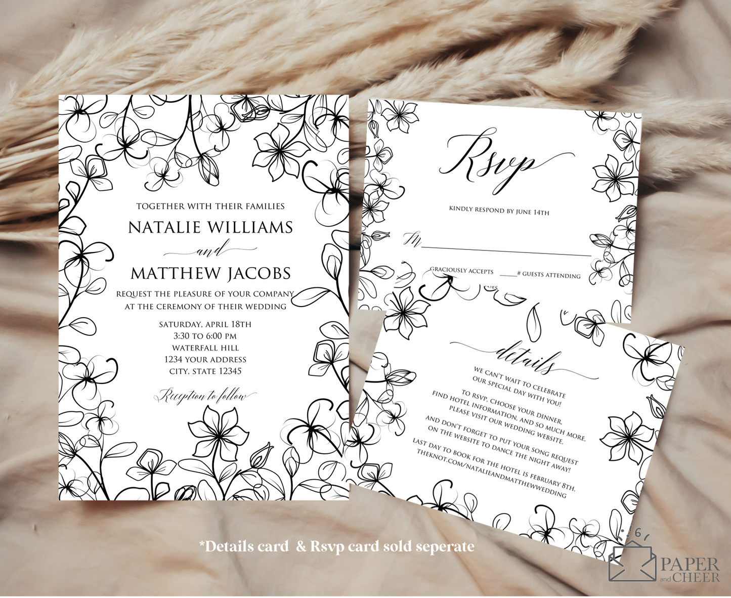 Black White Floral Outline Wedding Invitation