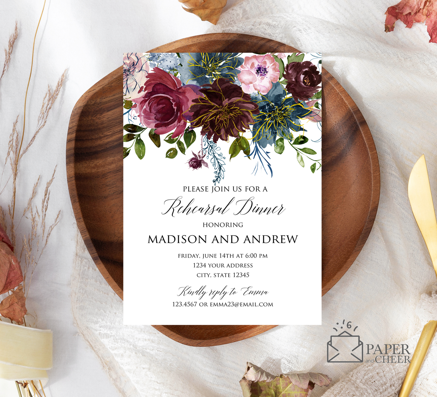 Burgundy Navy Floral Rehearsal Dinner Invitation