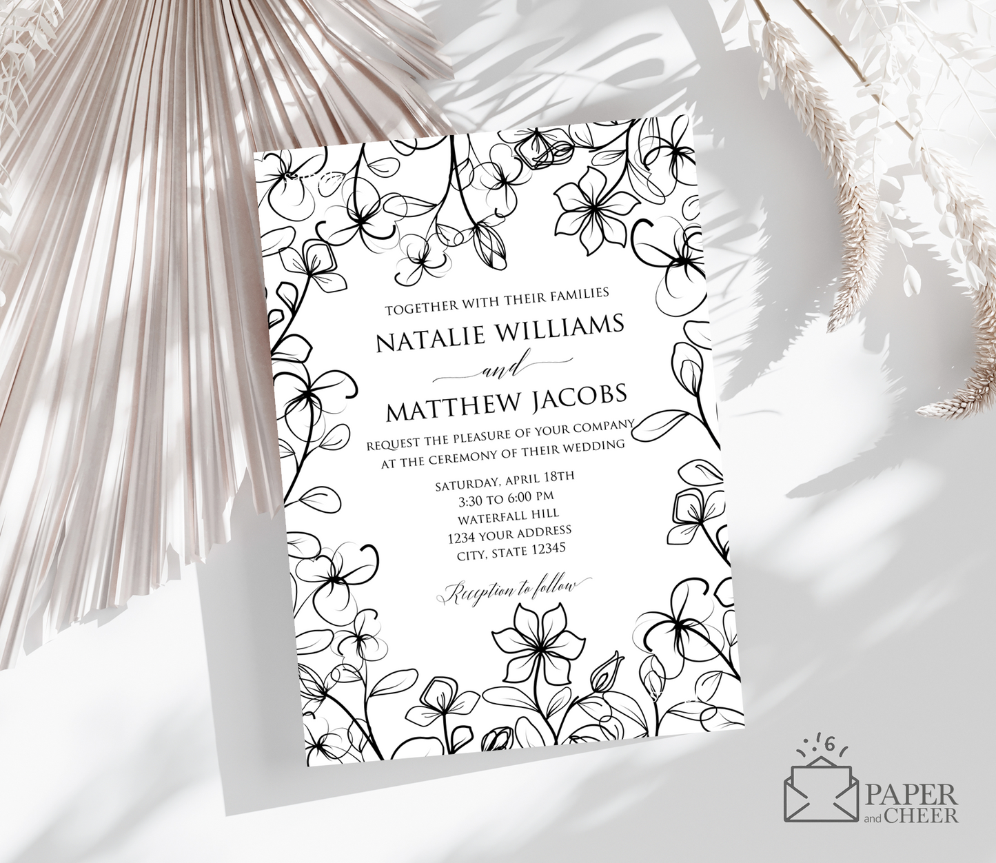 Black White Floral Outline Wedding Invitation