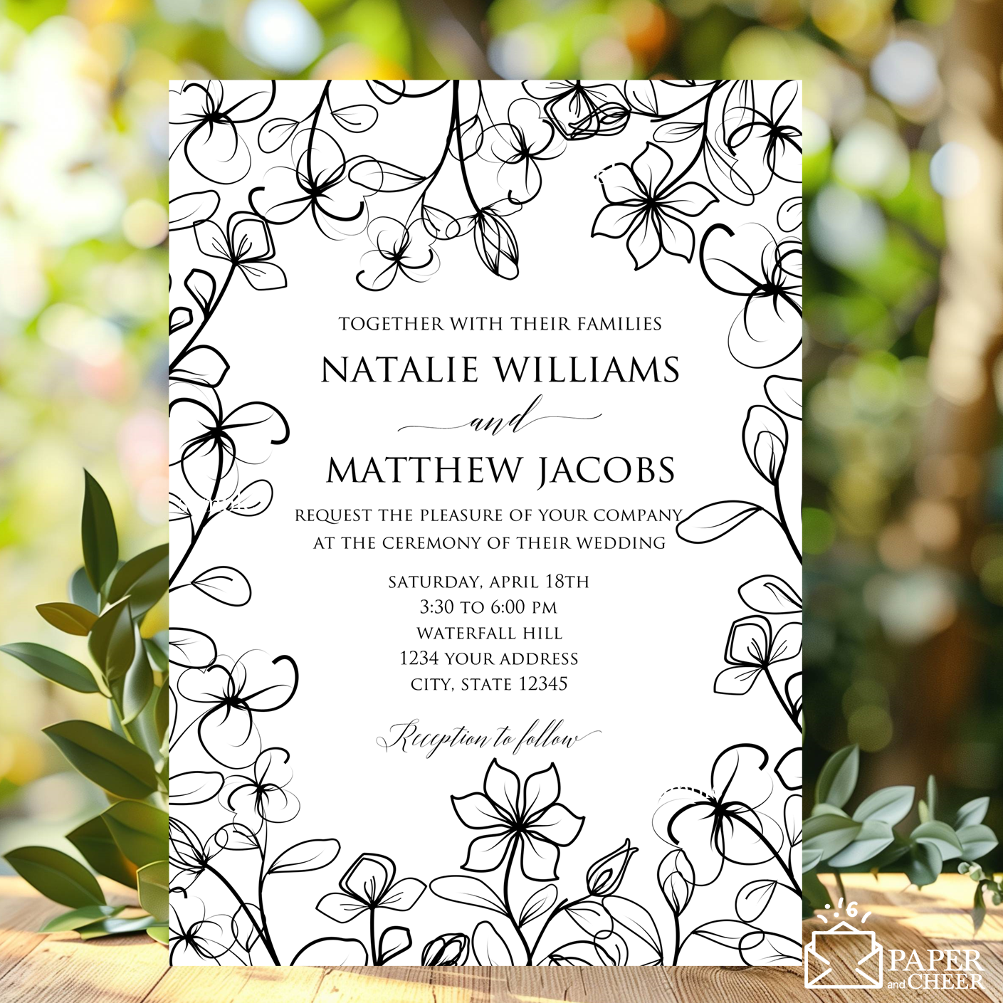 Black White Floral Outline Wedding Invitation