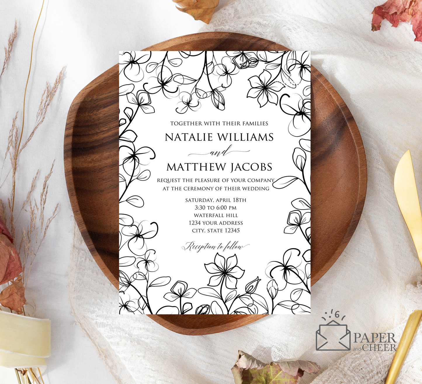 Black White Floral Outline Wedding Invitation