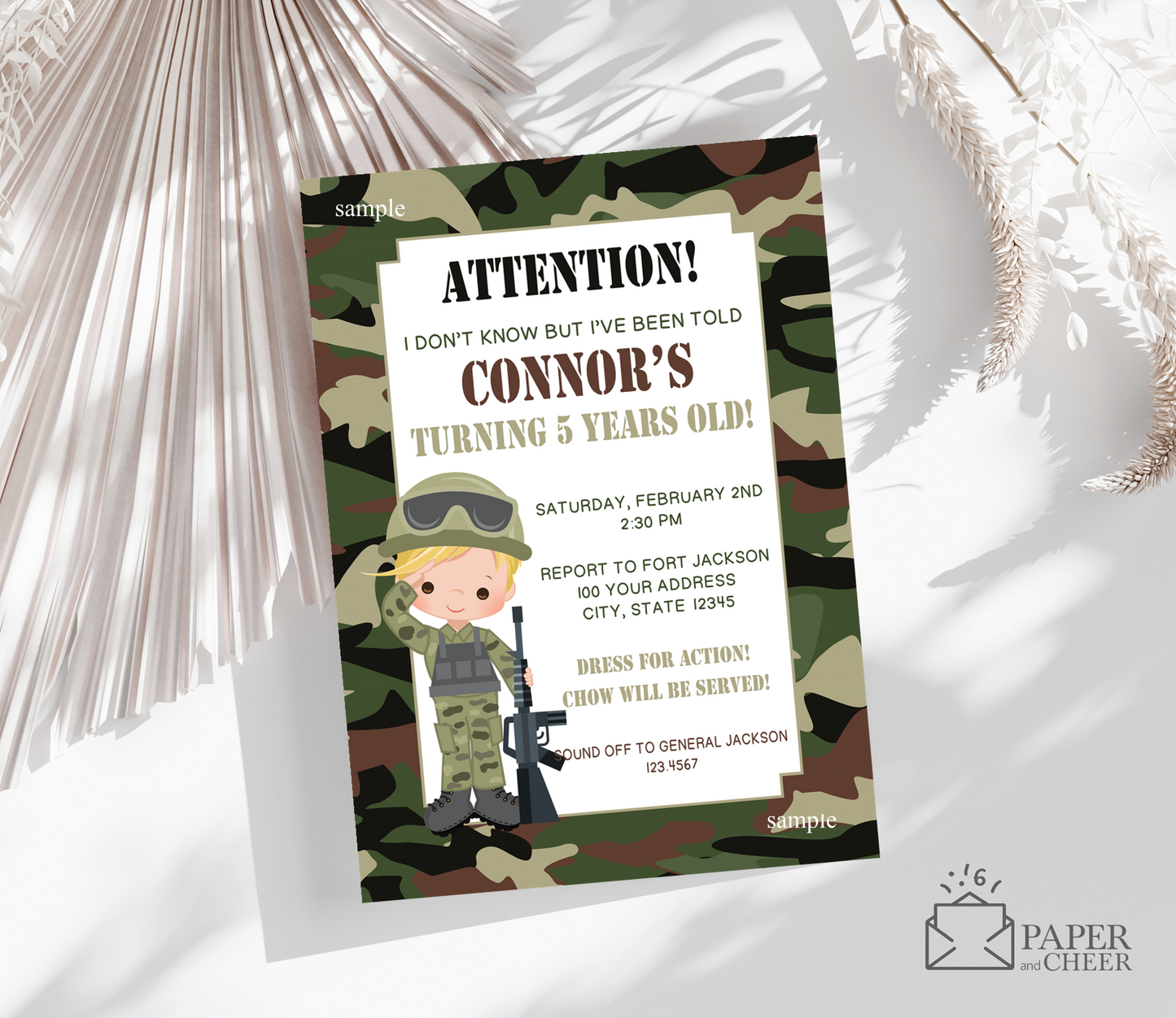 Camouflage Army Birthday Invitation (any age)