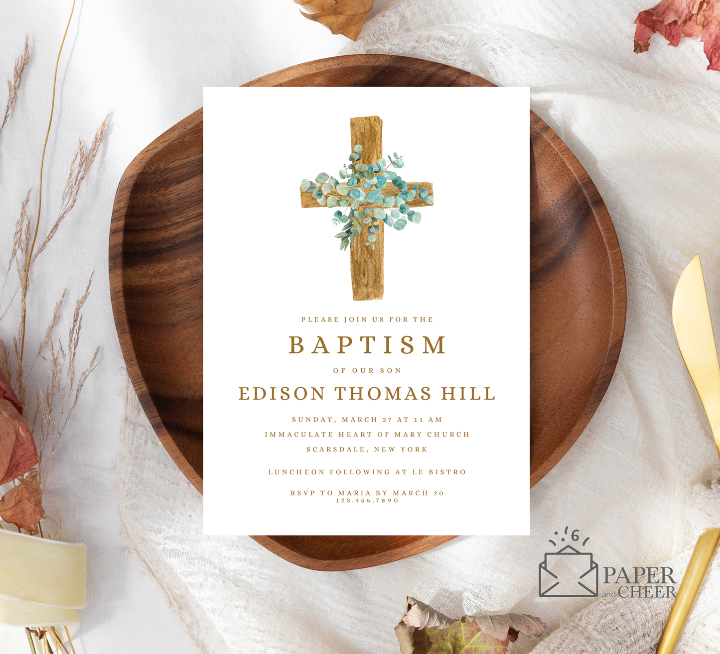 Greenery Cross Baptism Invitations