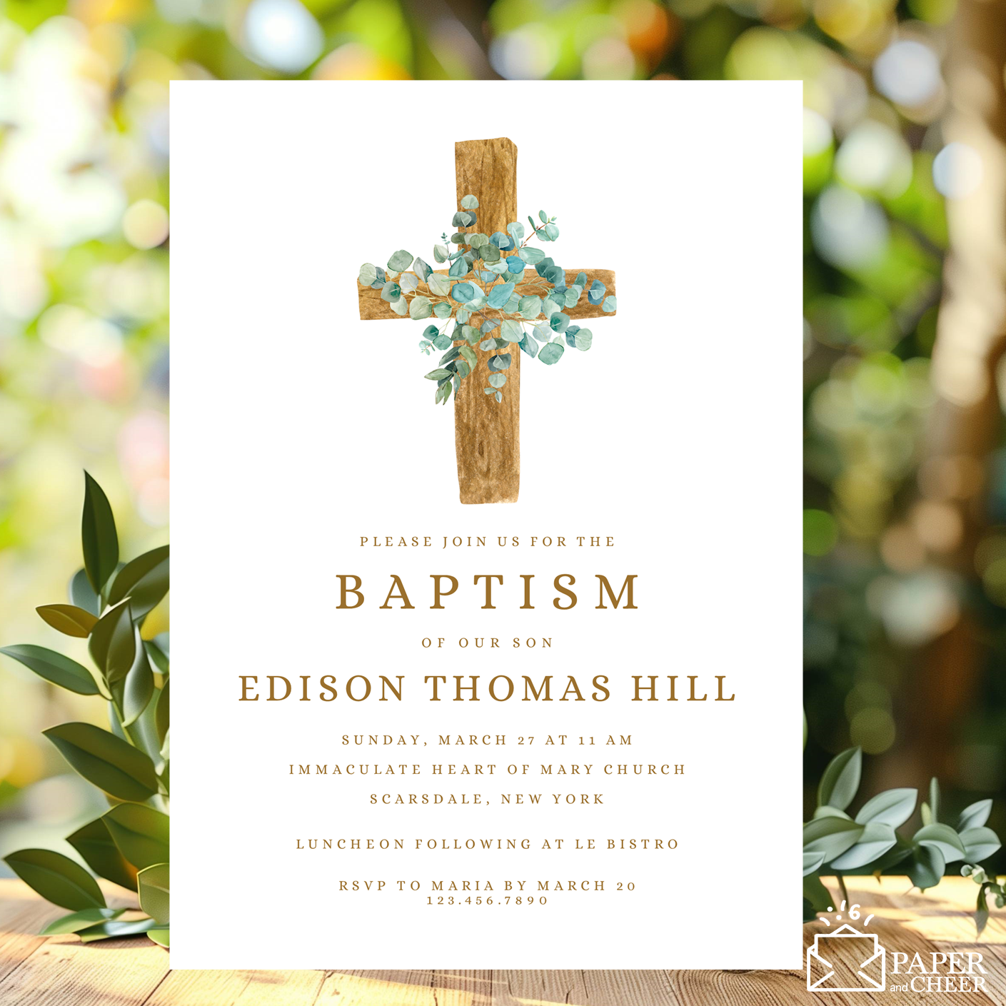 Greenery Cross Baptism Invitations