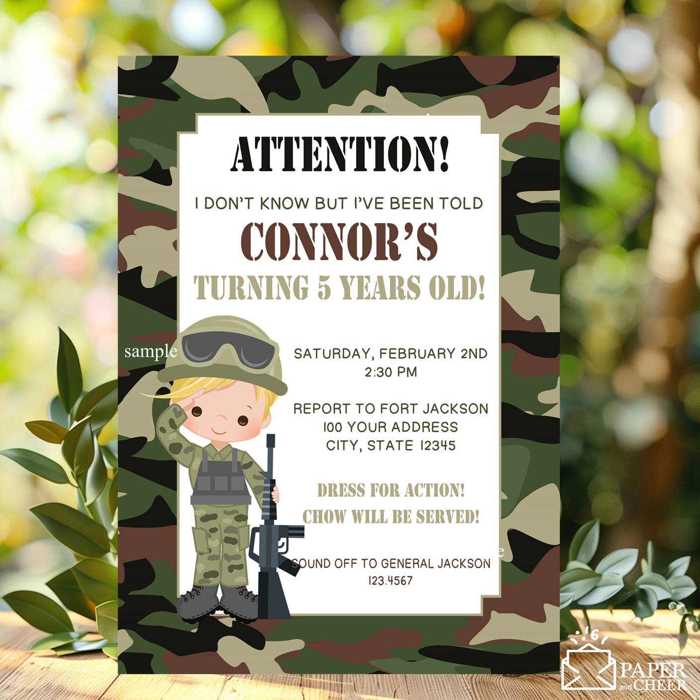 Camouflage Army Birthday Invitation (any age)