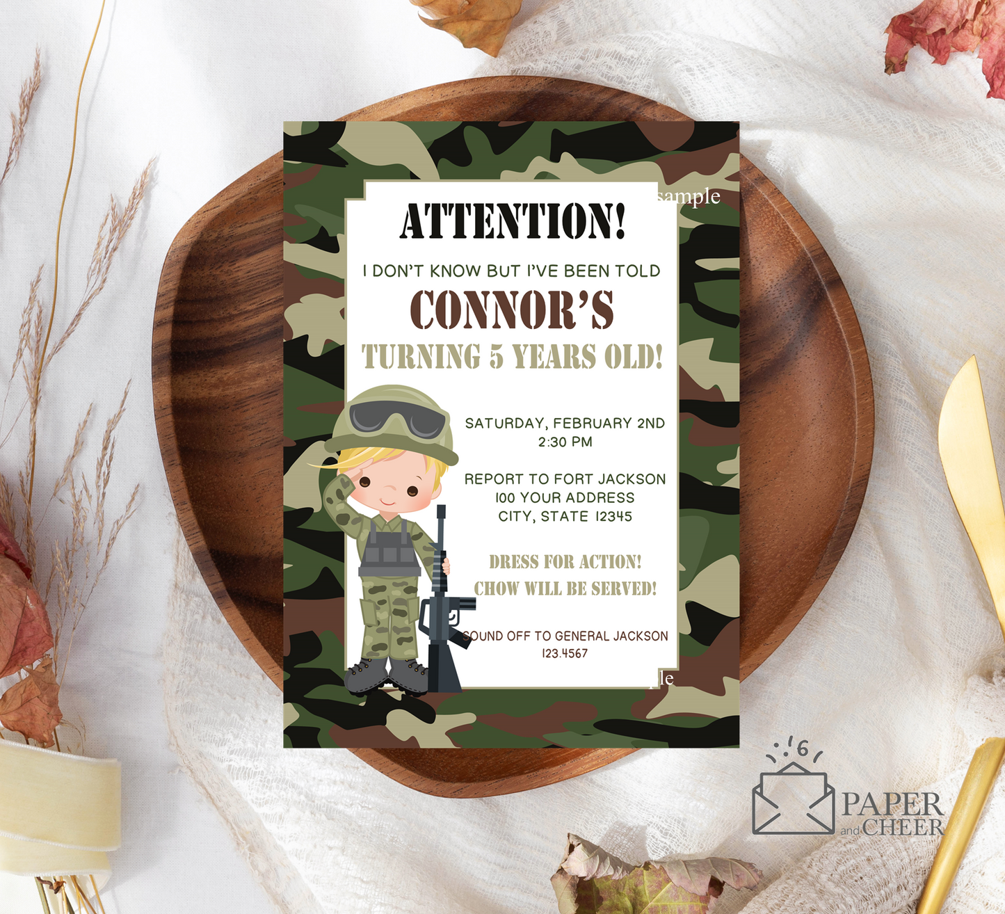 Camouflage Army Birthday Invitation (any age)