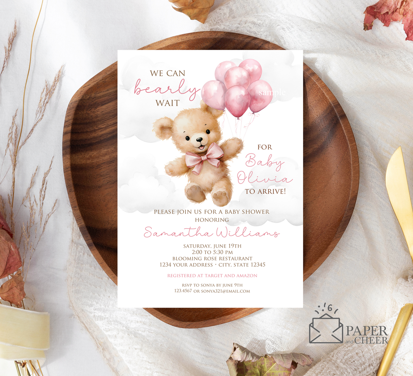 Teddy Bear Baby Shower Invitation (Pink)