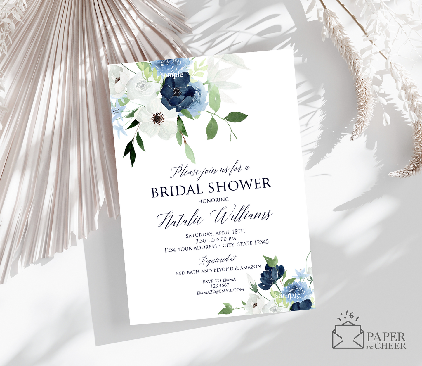 Navy Blue Floral Bridal Shower Invitation