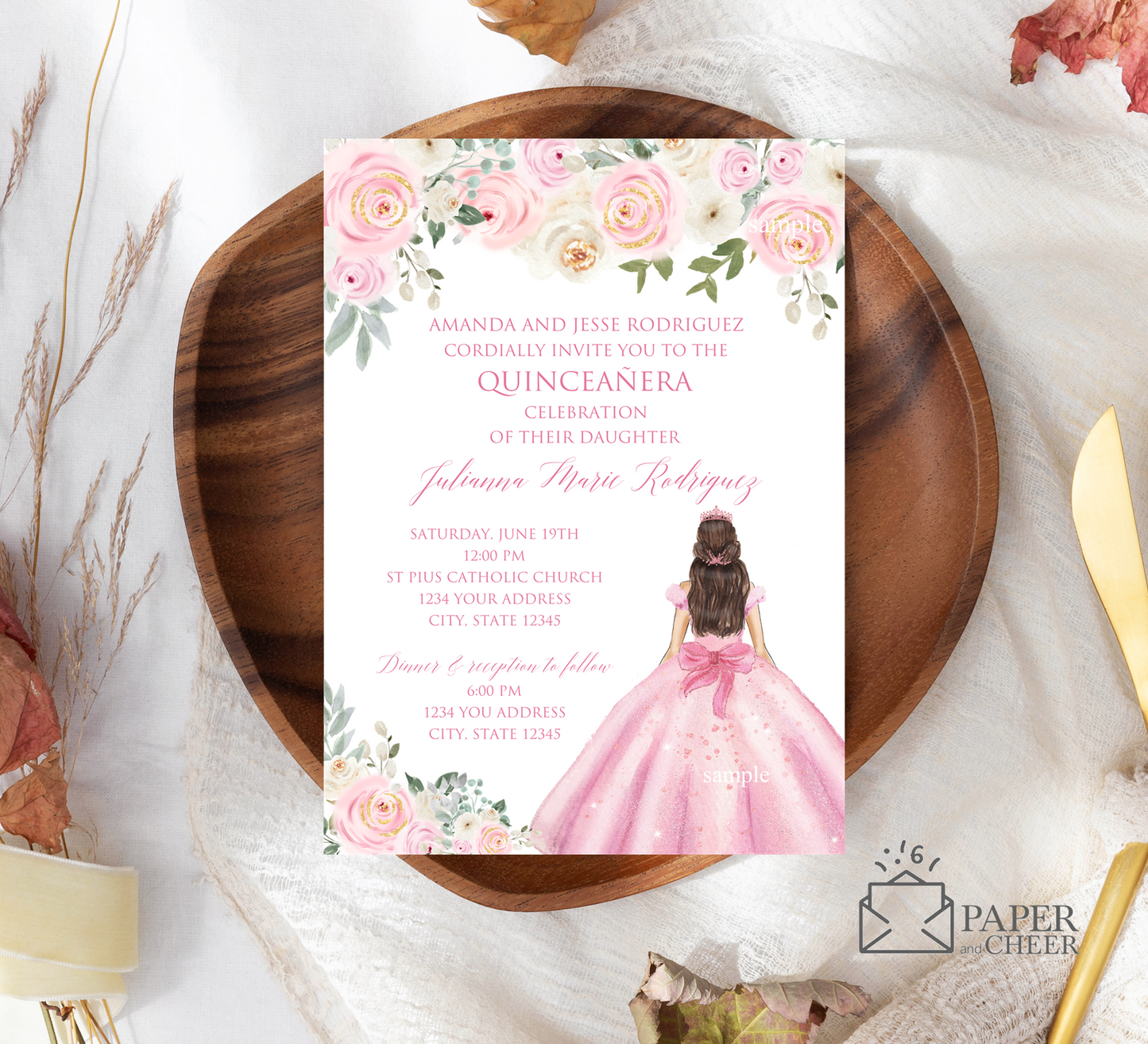 Pink Floral Quinceanera 15th Birthday Invitations
