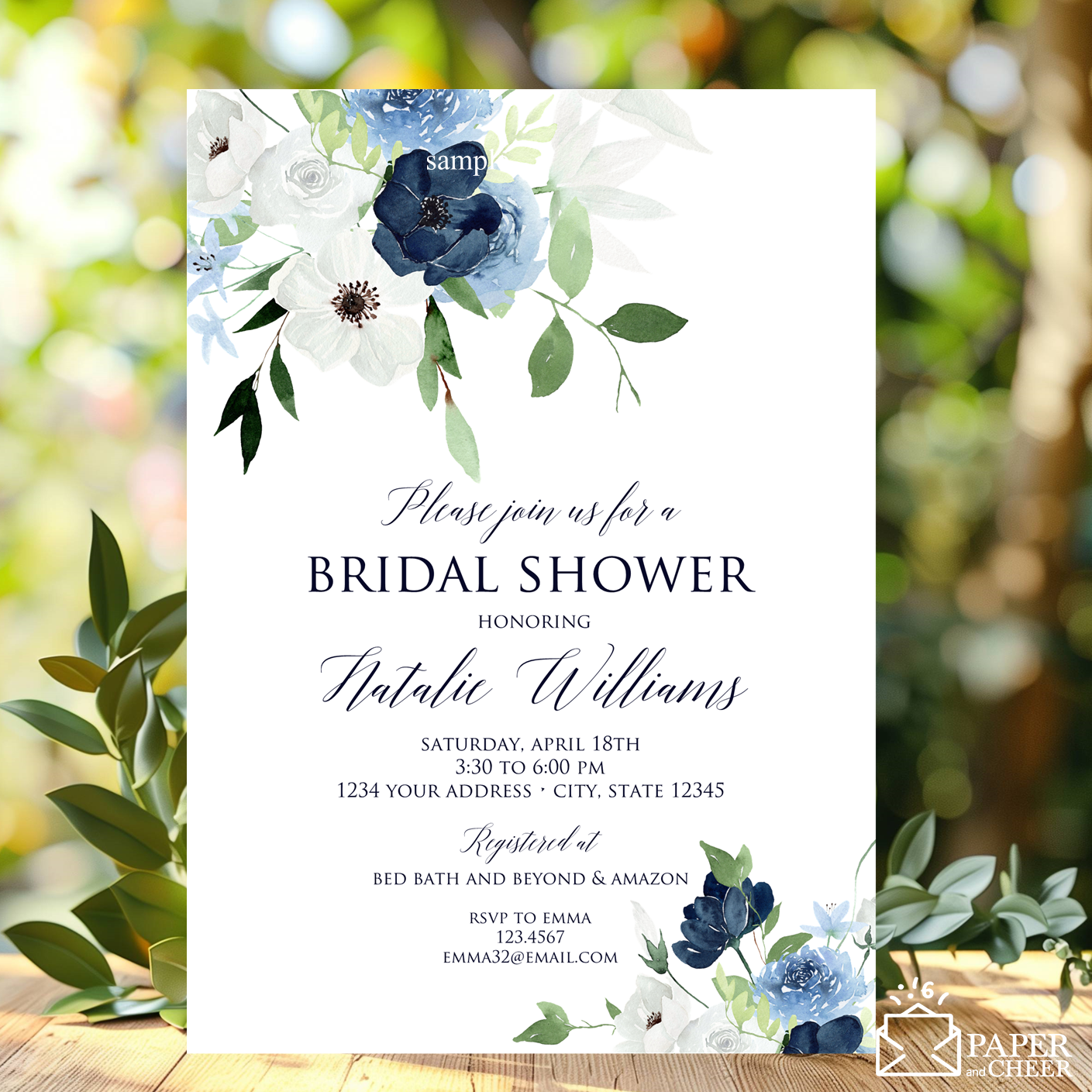 Navy Blue Floral Bridal Shower Invitation