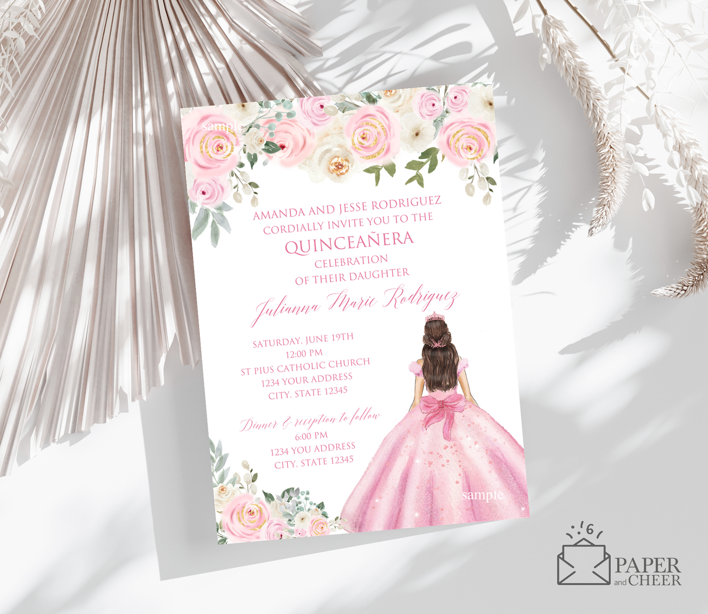 Pink Floral Quinceanera 15th Birthday Invitations