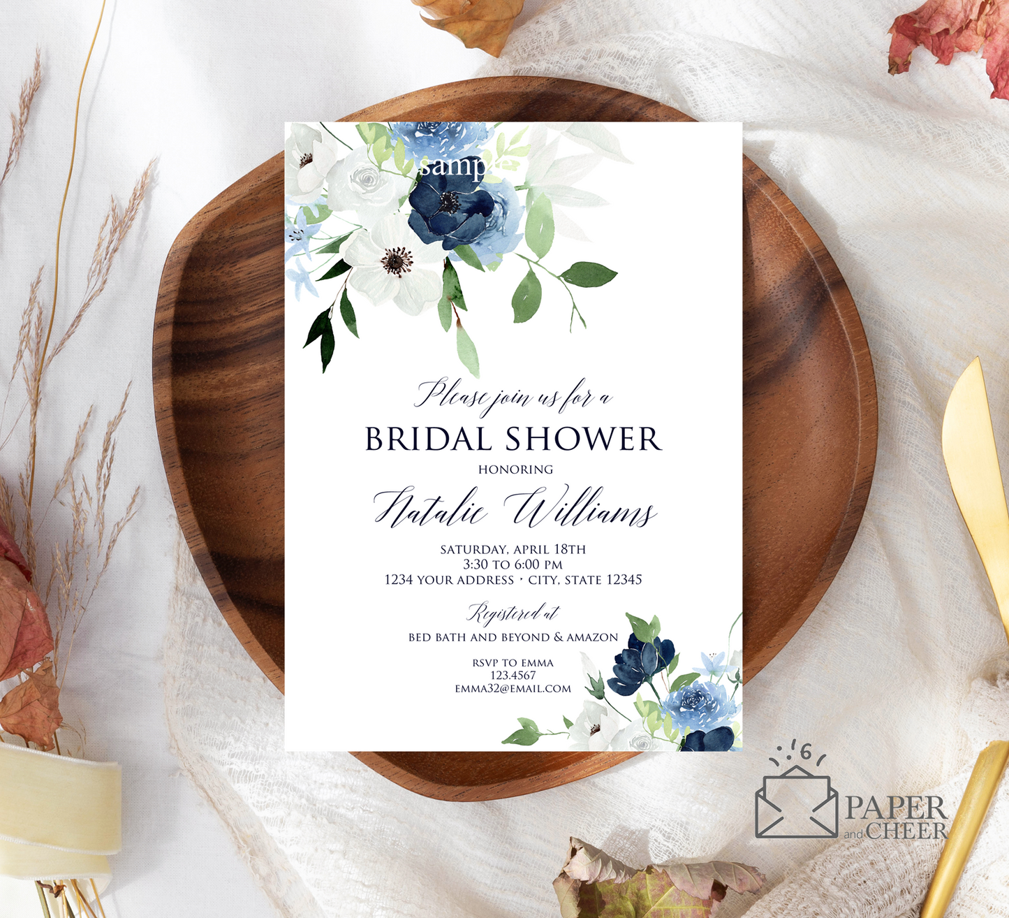 Navy Blue Floral Bridal Shower Invitation