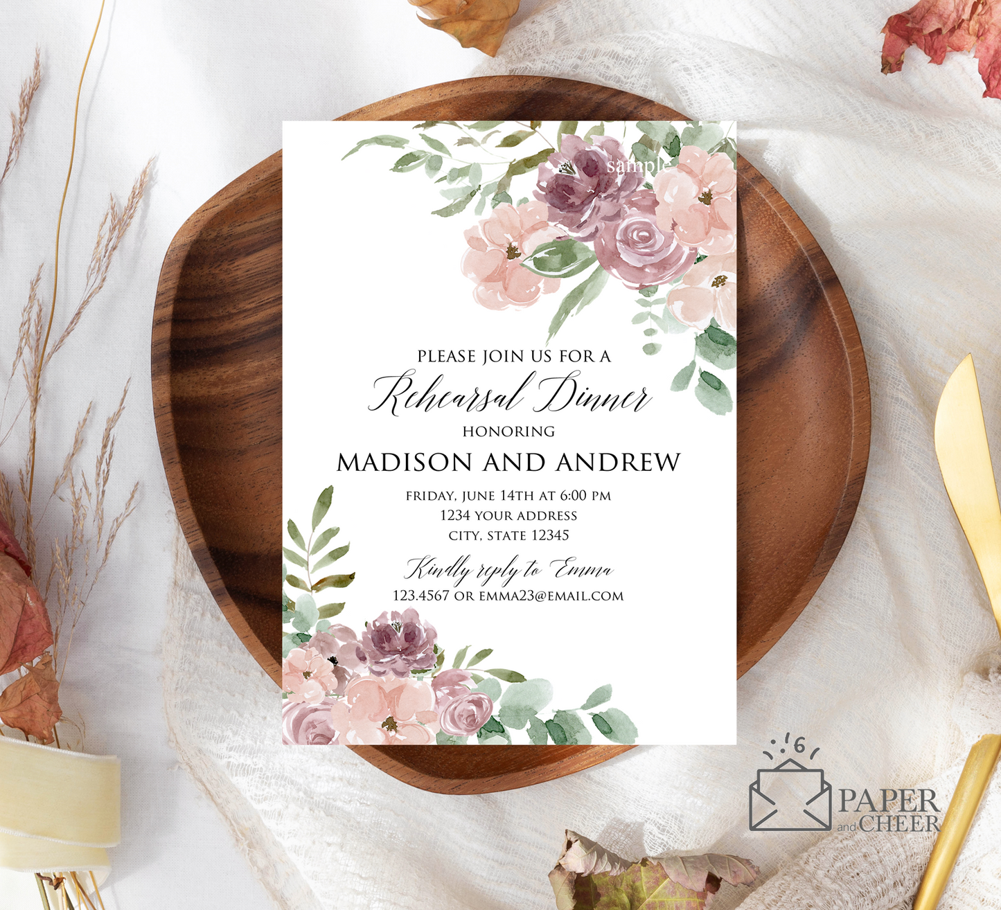Blush Pink Mauve Floral Rehearsal Dinner Invitation