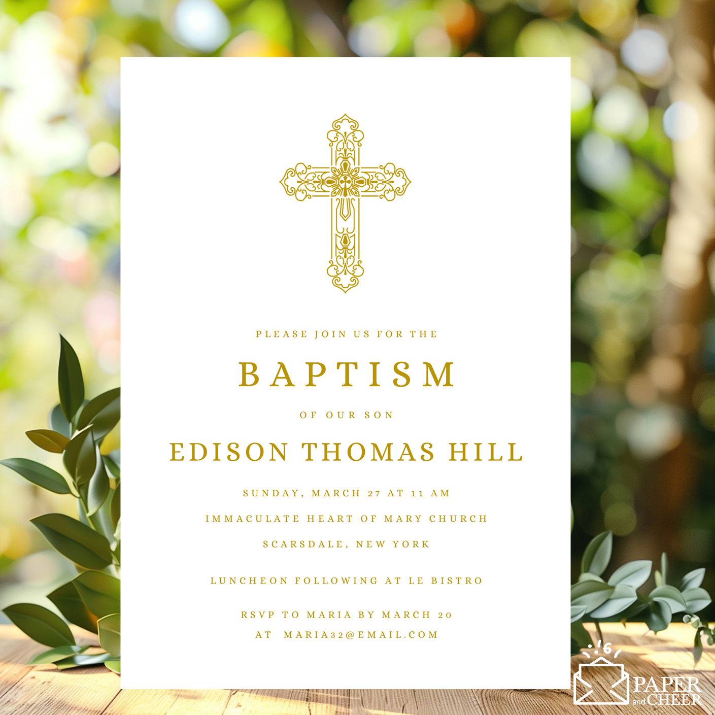 Gold Cross Baptism Invitations