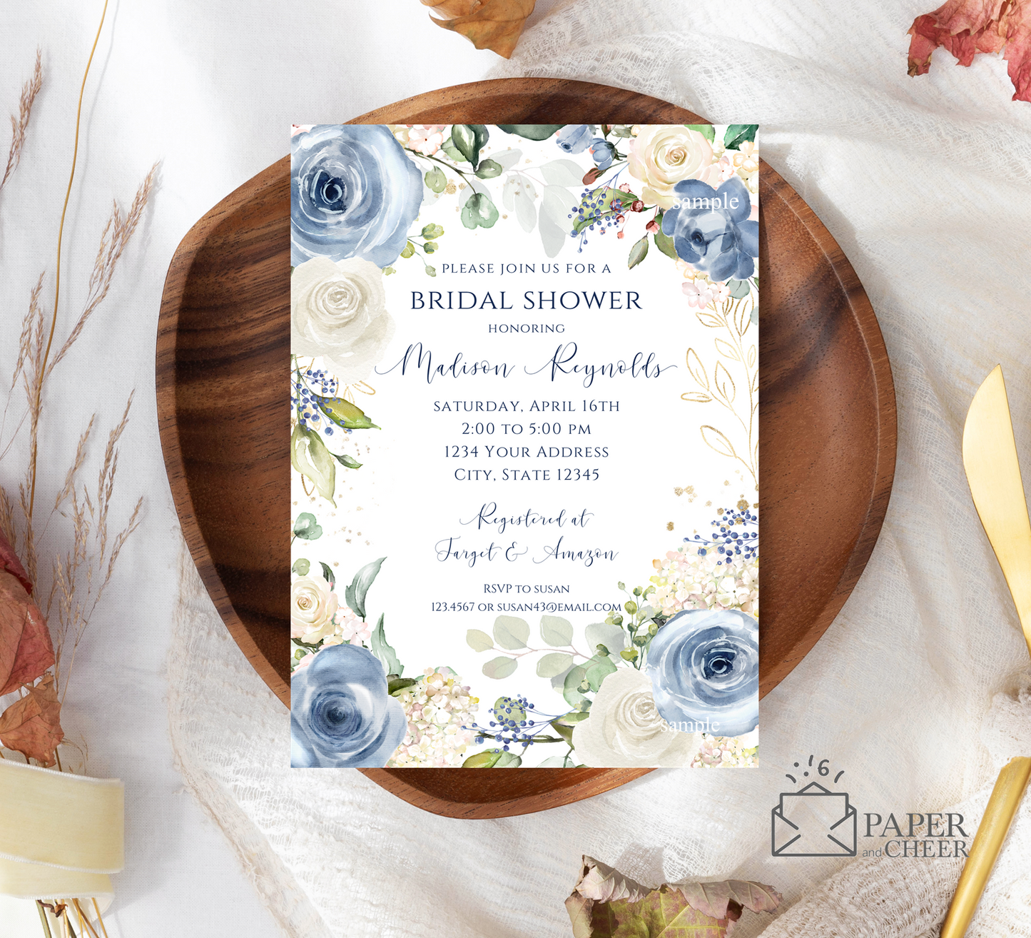 Dusty Blue Floral Bridal Shower Invitation