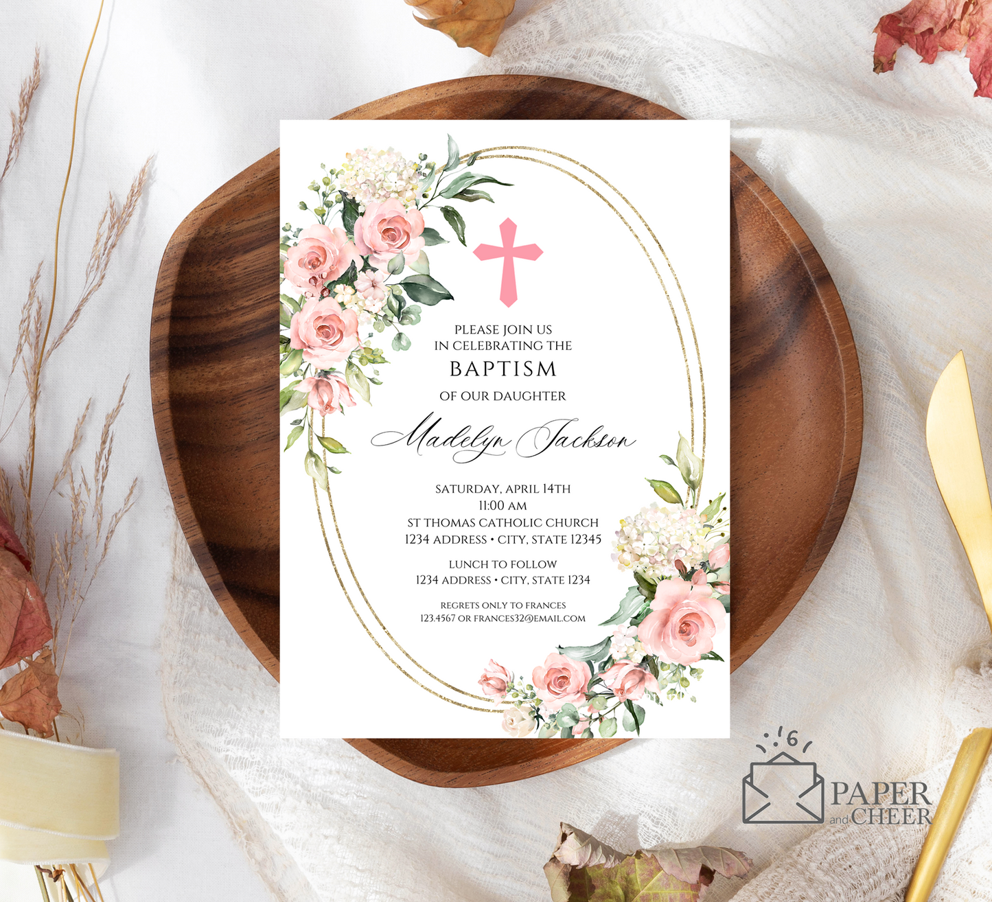 Pink Floral Baptism Invitations