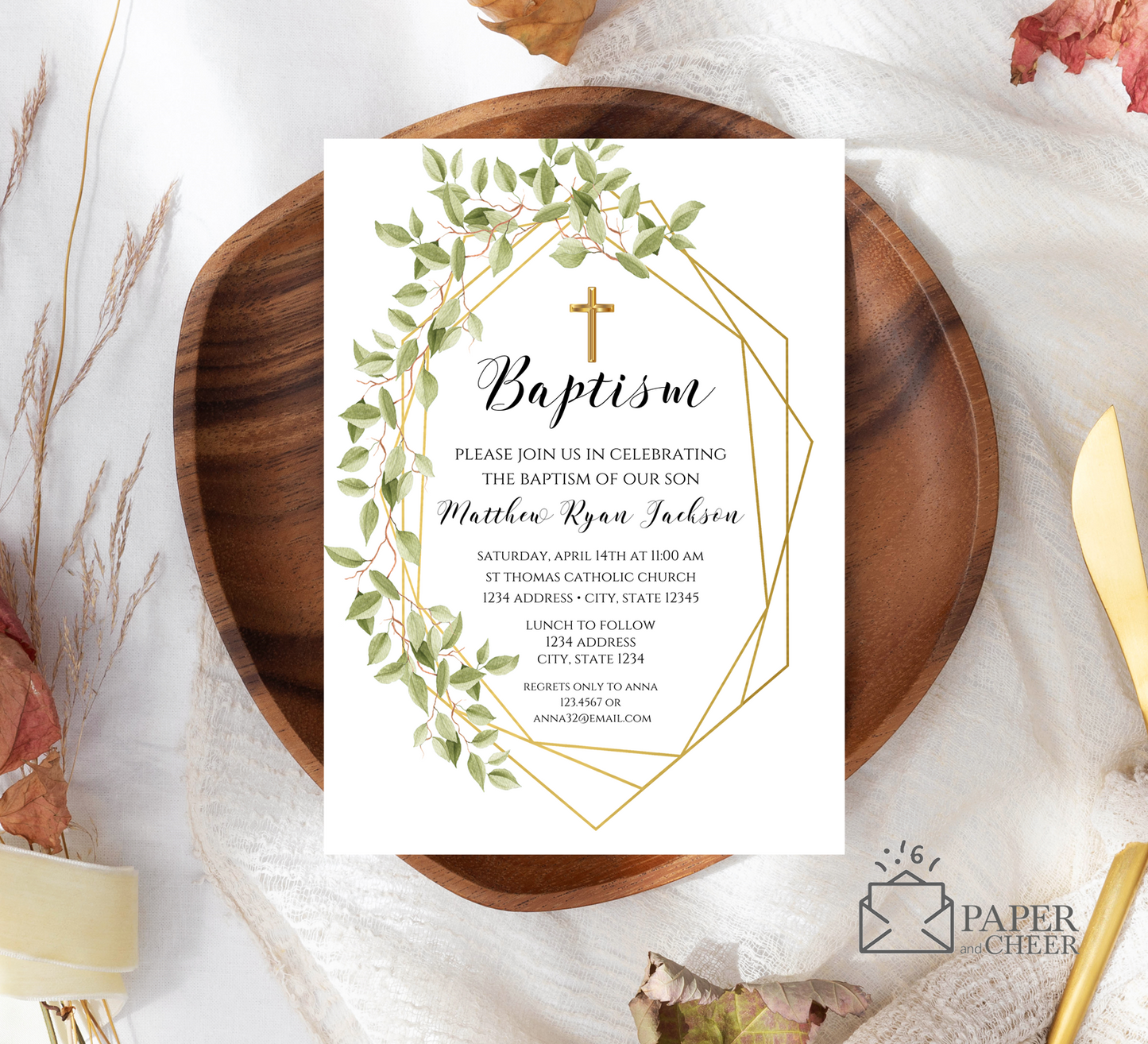 Greenery Baptism Invitations