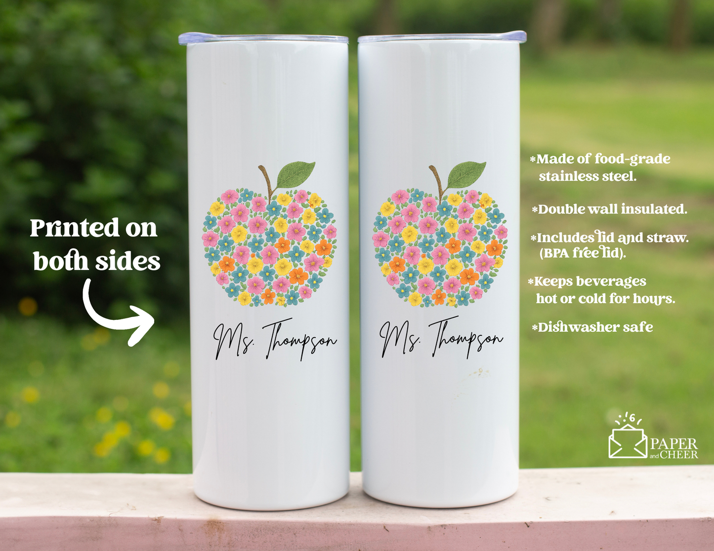 Floral Apple Teacher Tumbler (Personalized)