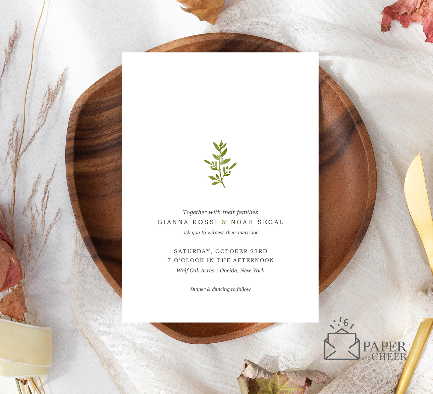 Simple Green Leaf Wedding Invitation