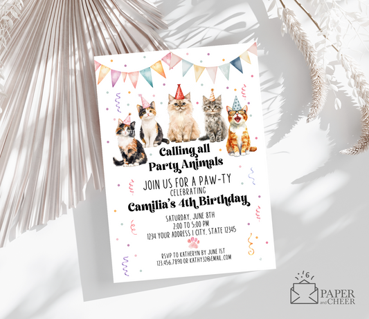 Calling All Party Animals Cat Birthday Invitation (Any age)
